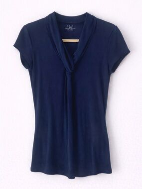 Grace Blouse Medium V Neck Tie Neck Stretch Short Sleeve Navy Workwear